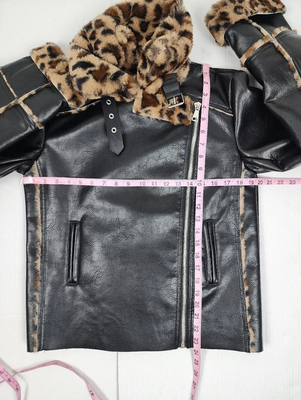 Black Faux Leather Moto Jacket with Leopard Faux Fur Accent